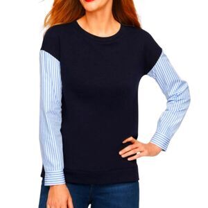 Talbots Top Woven Sleeve Crew Neck Navy Blue Striped‎ Long Sleeve Preppy Twee L
